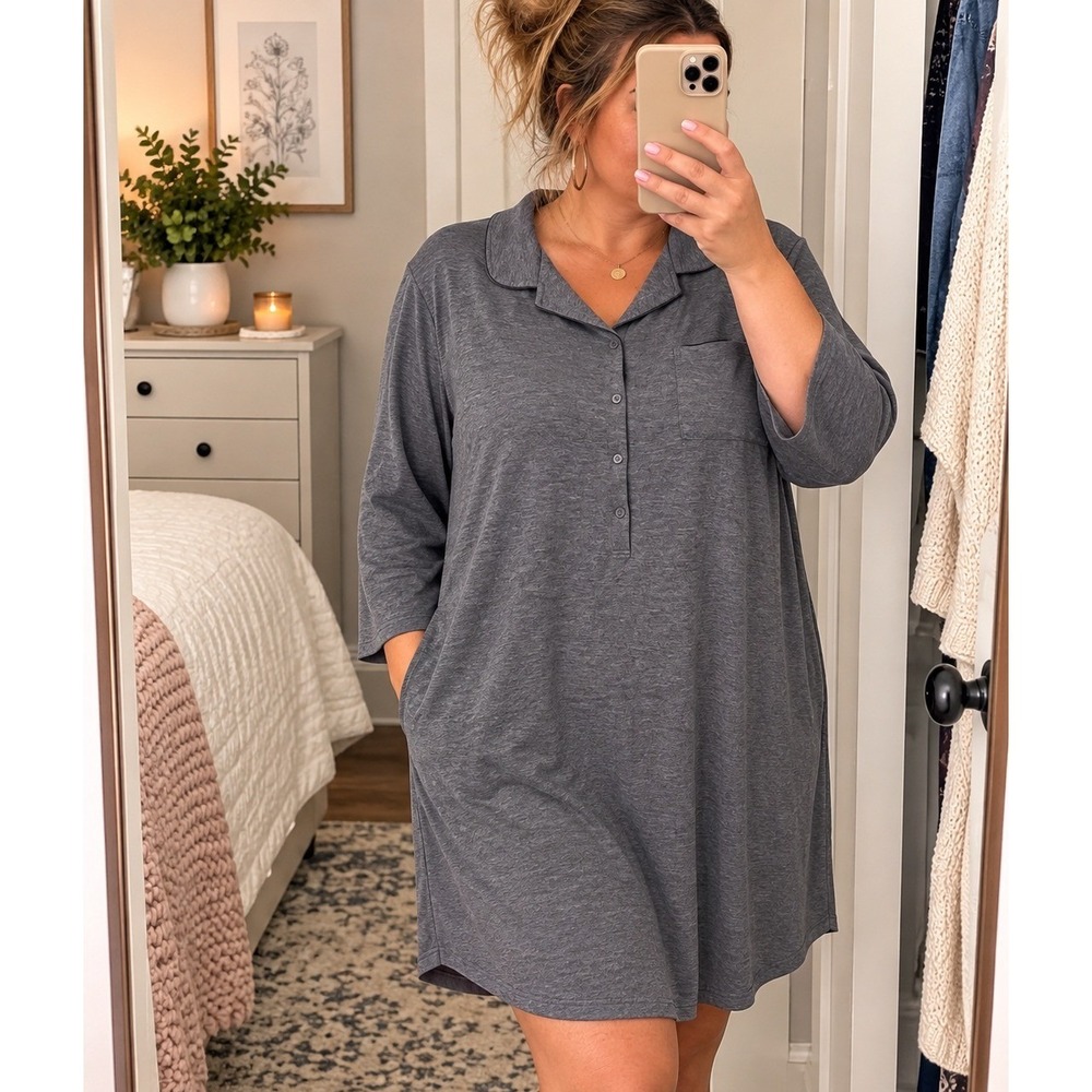 Berkshire Homewear French Terry Sleep Shirt XL Gray Notch Collar Nightgown